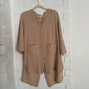 Talie Neutral Beige Longline Blouse with Lace-Up Back - Size Small $25